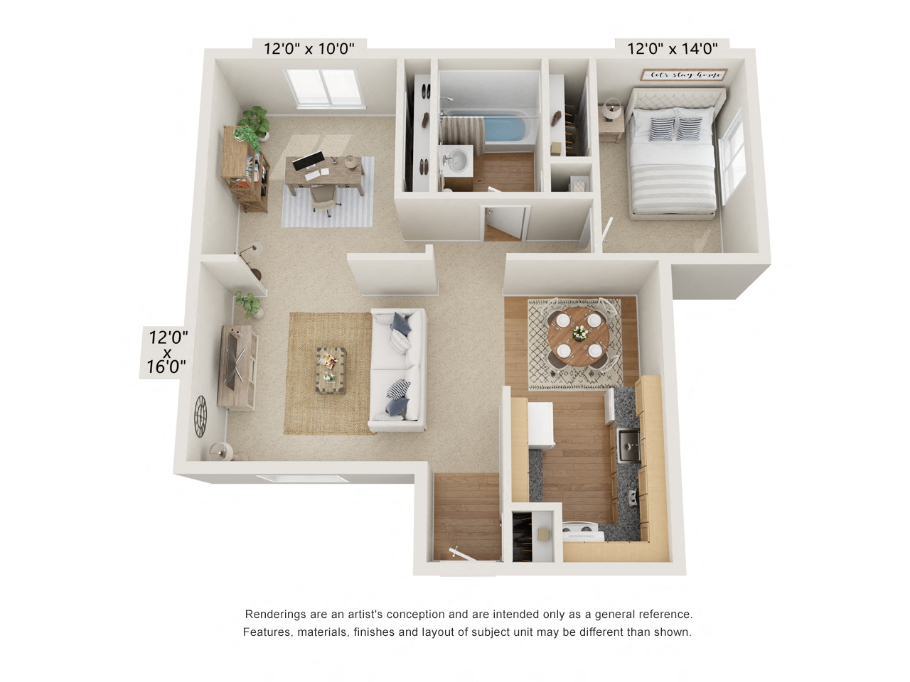 Floor plan for 1 bed, 1 bath, 760 sqft